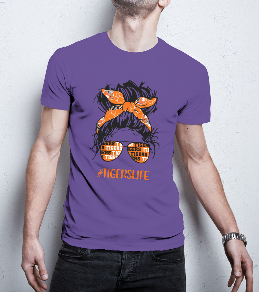 TigersLife Clemson Tigers Messy Bun Girl With Headband And Glasses T-Shirt