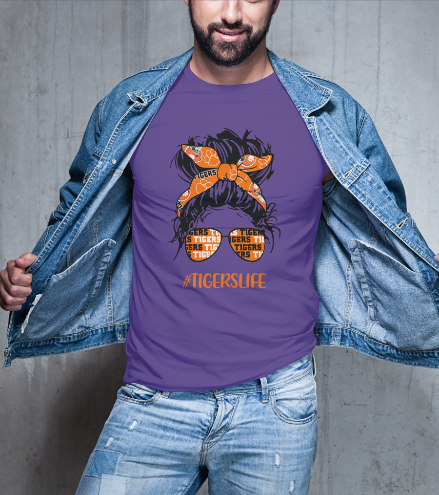 TigersLife Clemson Tigers Messy Bun Girl With Headband And Glasses T-Shirt