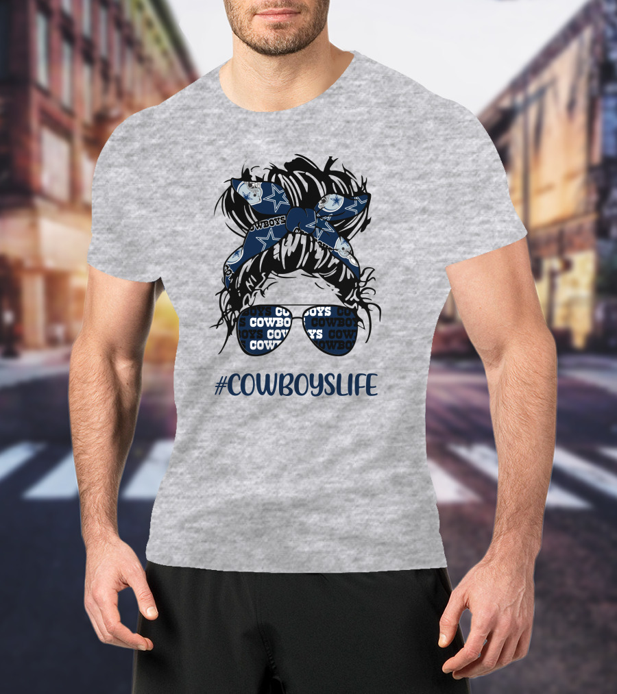 CowboysLife Messy Bun Girl Headband Glasses Dallas Cowboys T-Shirt