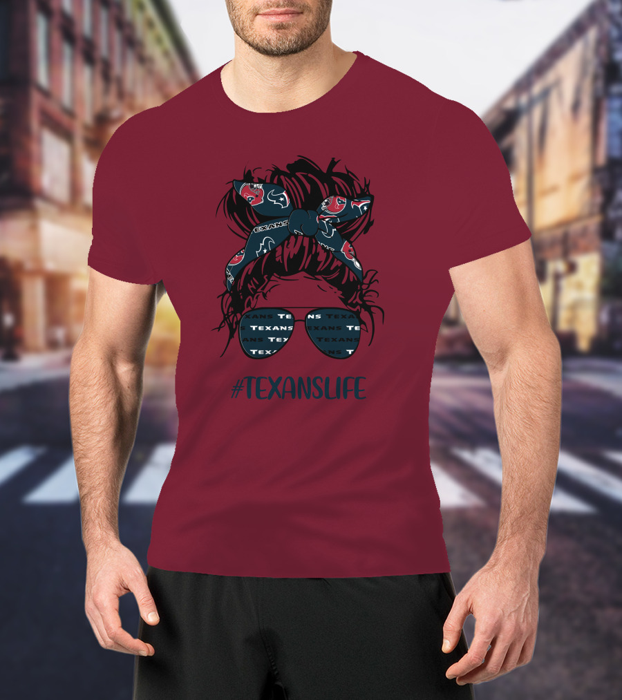 Houston Texans Hashtag Texanslife Messy Bun Headband Glasses T-Shirt
