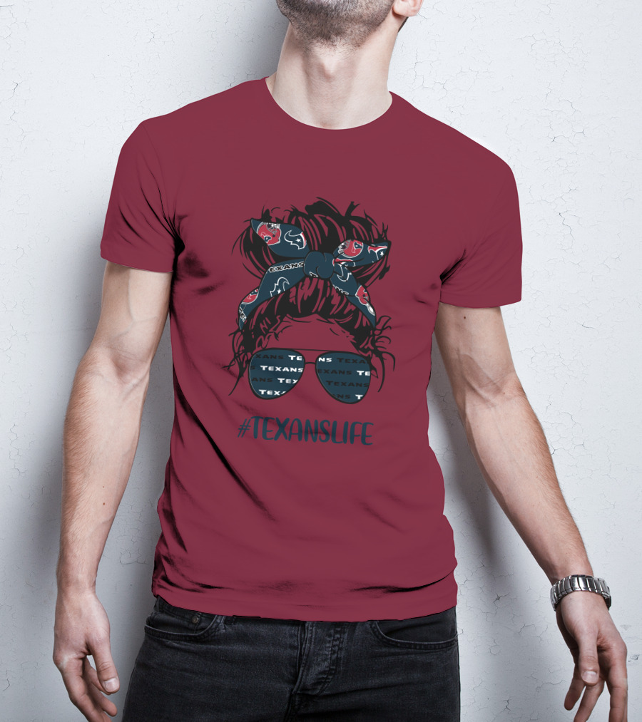 Houston Texans Hashtag Texanslife Messy Bun Headband Glasses T-Shirt