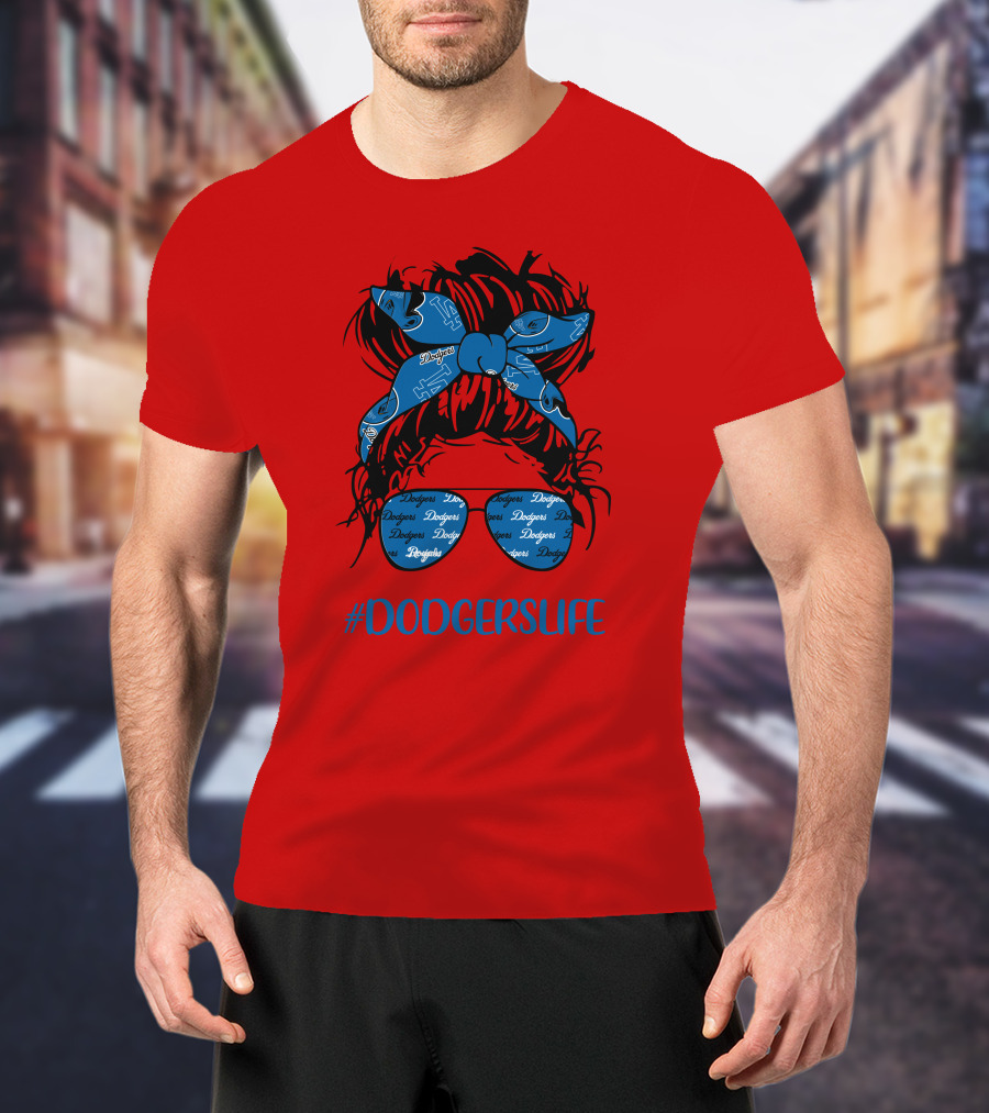 DODGERSLIFE Messy Bun Girl With Dodgers Headband And Glasses T-Shirt
