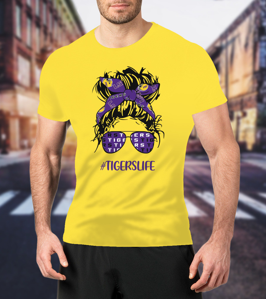 TIGERSLIFE LSU Messy Bun Girl Headband Glasses T-Shirt