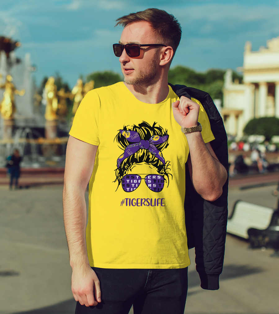 TIGERSLIFE LSU Messy Bun Girl Headband Glasses T-Shirt
