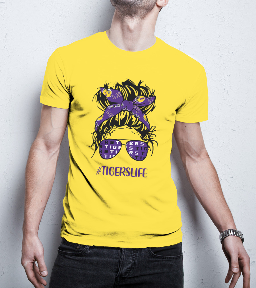 TIGERSLIFE LSU Messy Bun Girl Headband Glasses T-Shirt