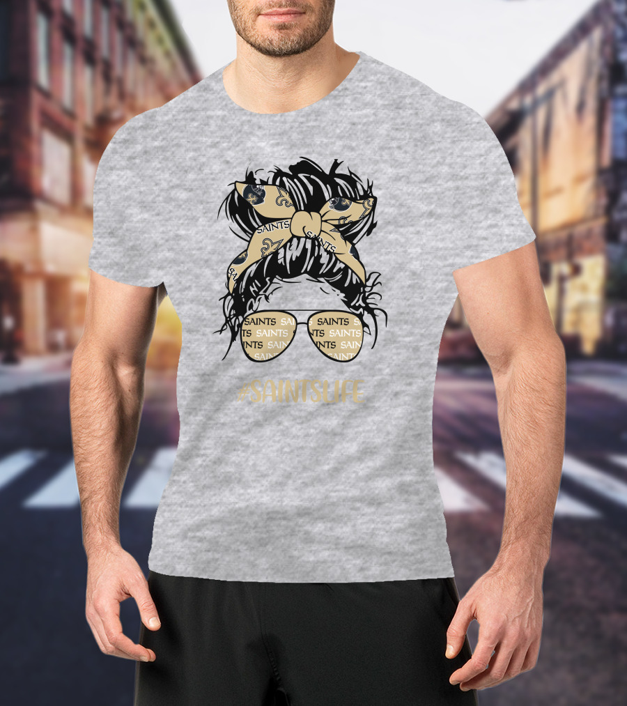 Messy Bun Girl With Saints Headband And Glasses #Saintslife T-Shirt
