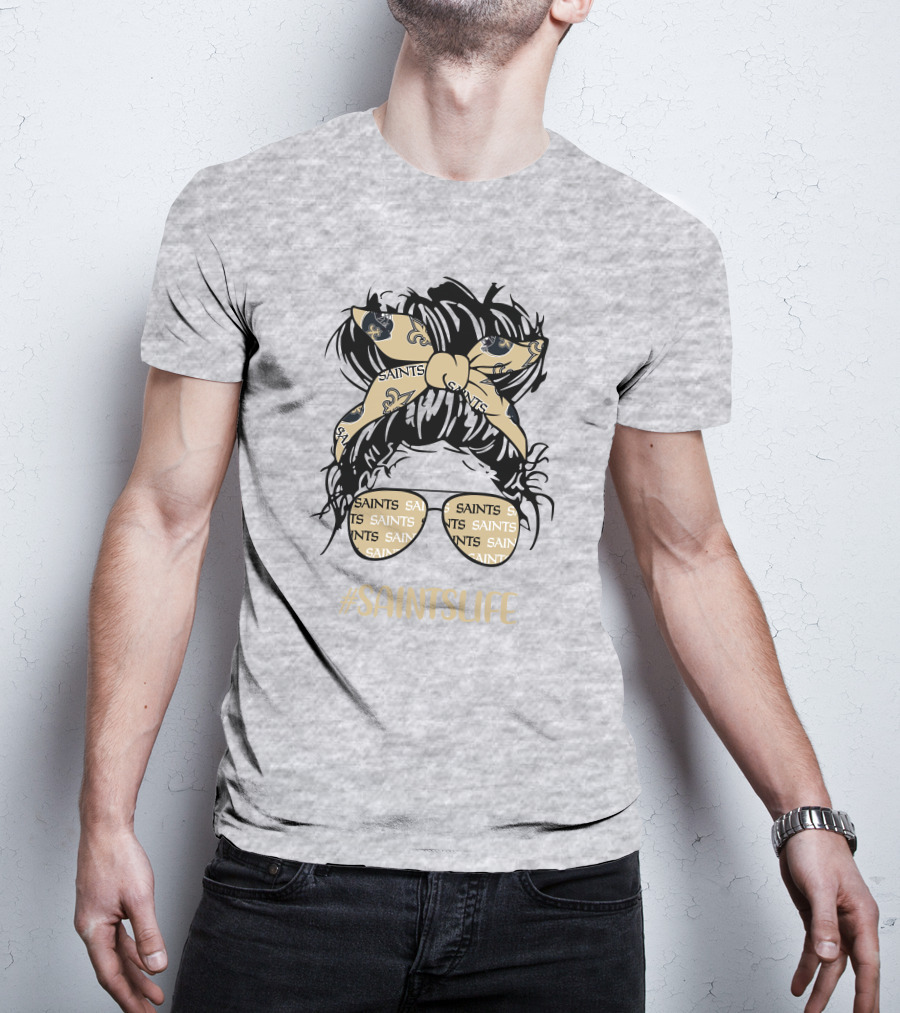 Messy Bun Girl With Saints Headband And Glasses #Saintslife T-Shirt