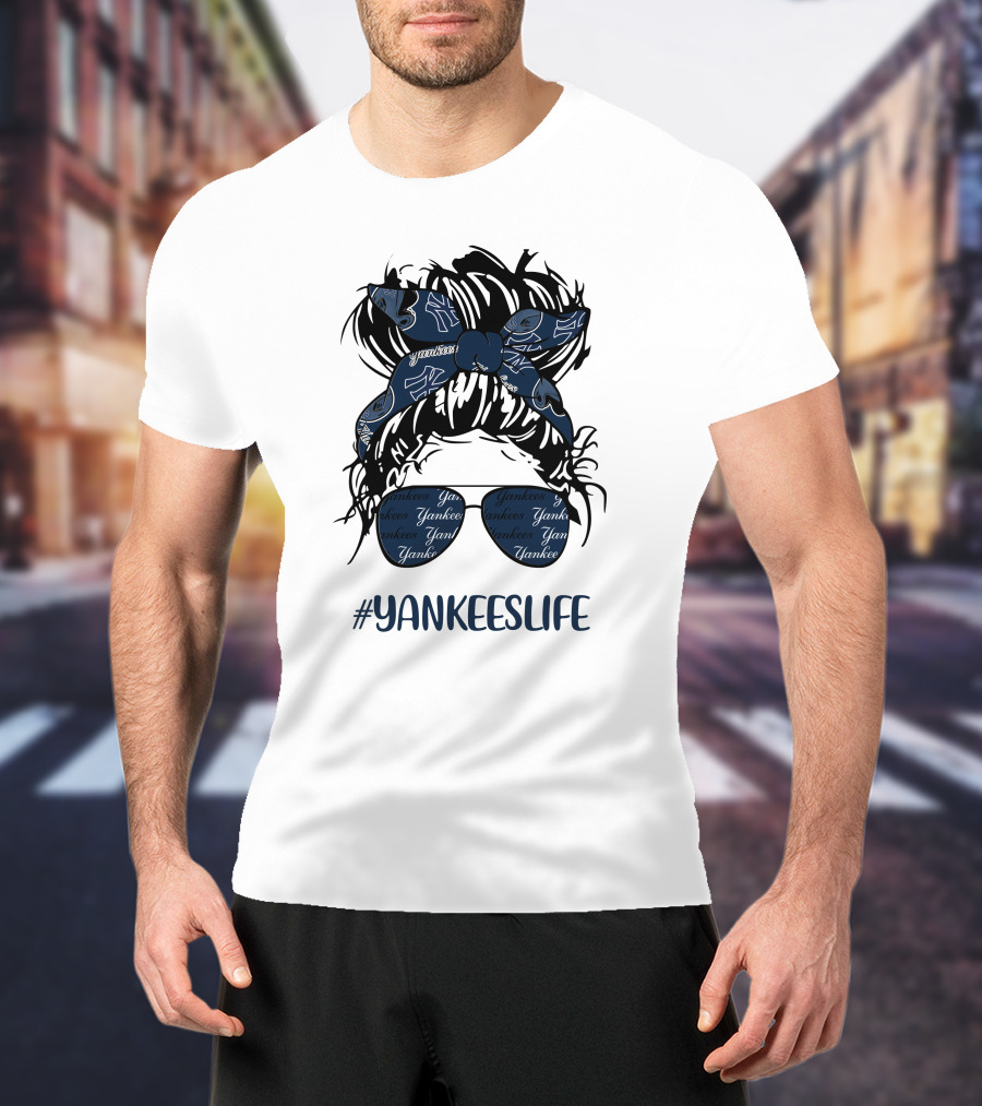 YANKEESLIFE Messy Bun Girl With Yankees Headband And Glasses T-Shirt