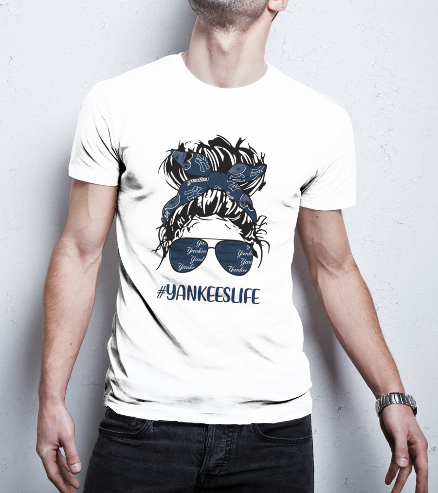 YANKEESLIFE Messy Bun Girl With Yankees Headband And Glasses T-Shirt