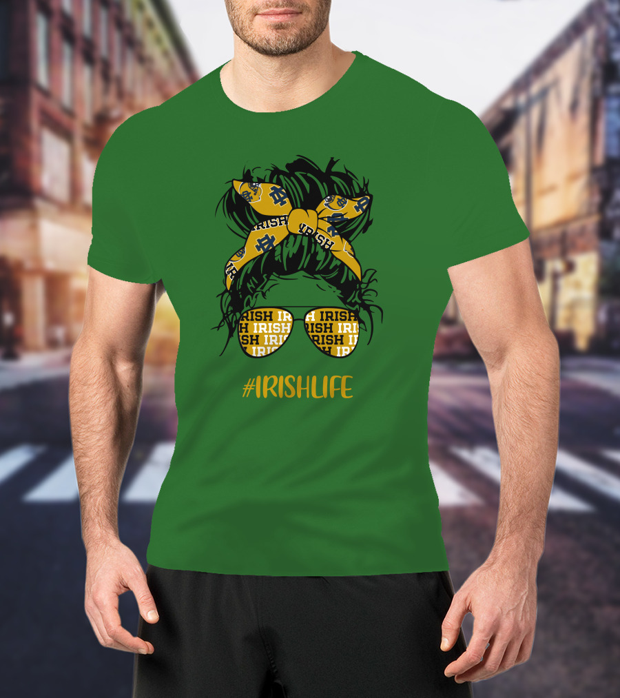 Notre Dame Fighting Irish Life Messy Bun Girl Headband Glasses #IrishLife T-Shirt