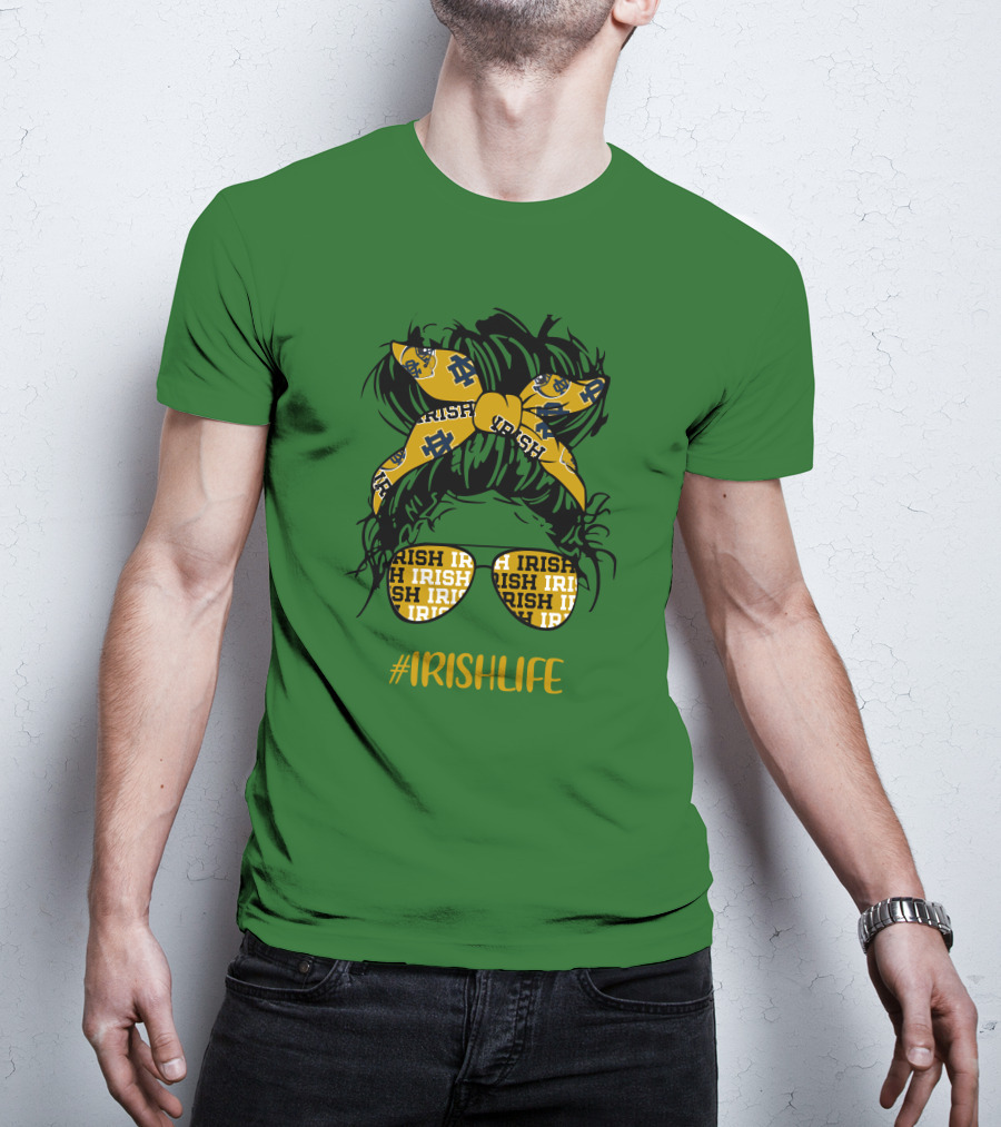 Notre Dame Fighting Irish Life Messy Bun Girl Headband Glasses #IrishLife T-Shirt