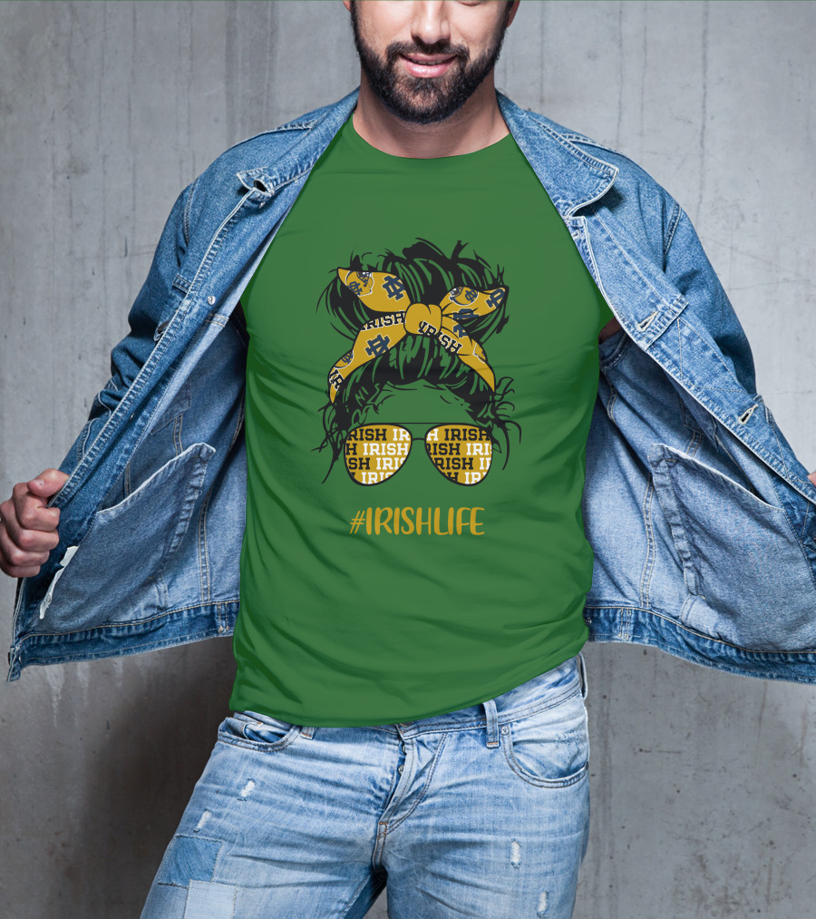 Notre Dame Fighting Irish Life Messy Bun Girl Headband Glasses #IrishLife T-Shirt