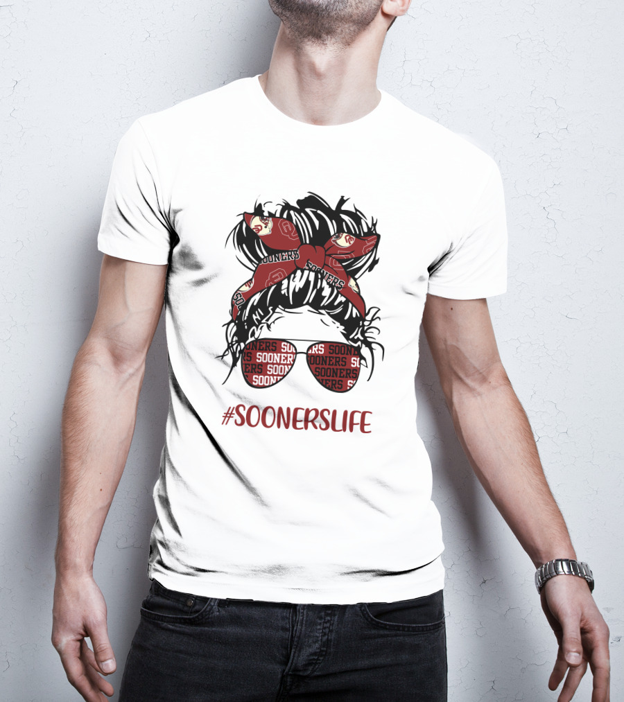 SoonersLife Messy Bun Girl Headband Glasses Oklahoma Sooners T-Shirt