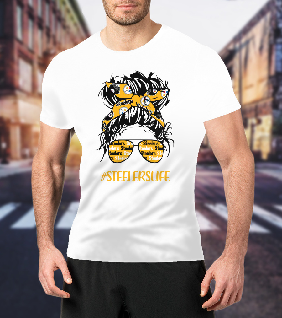 SteelersLife Messy Bun Girl With Steelers Headband And Glasses T-Shirt