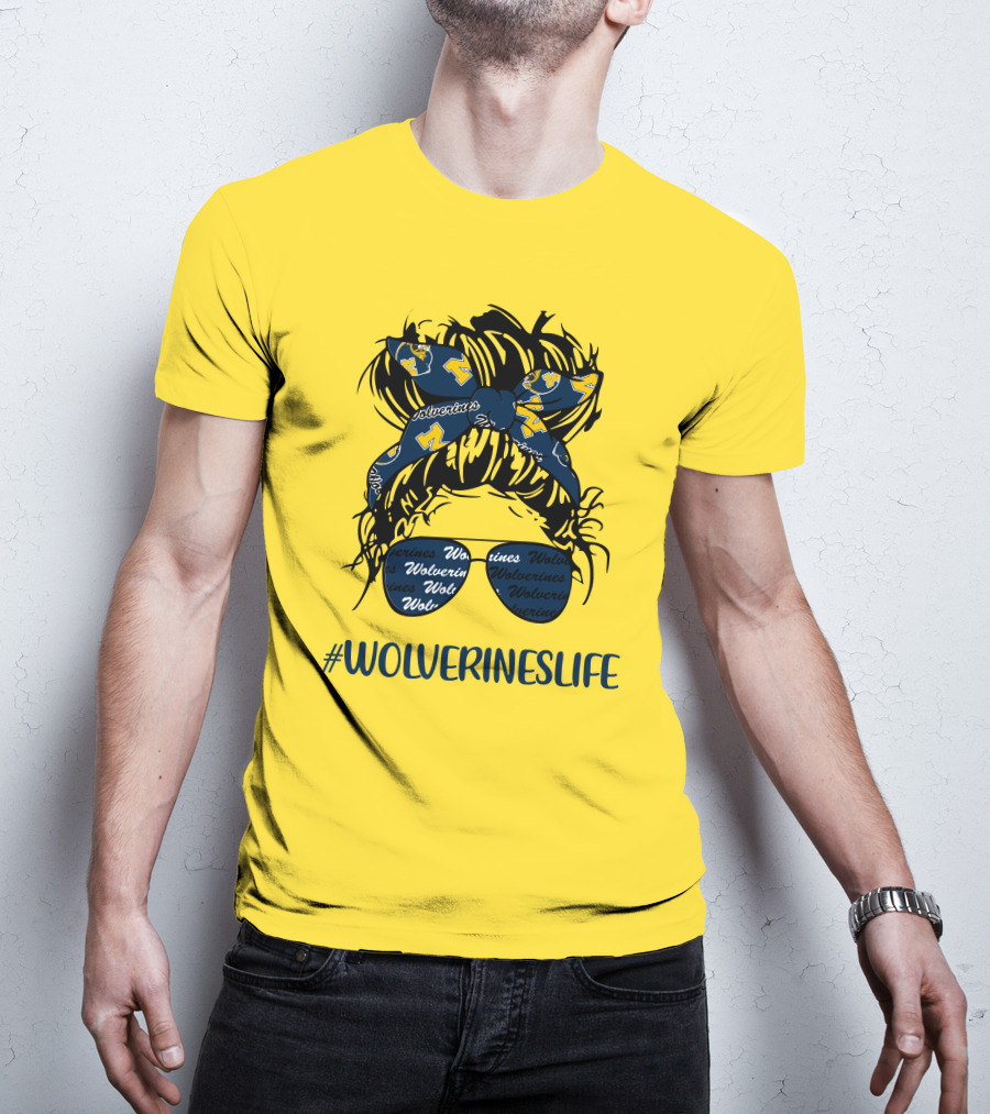Michigan Wolverines Life Messy Bun Girl Headband Glasses Wolverines T-Shirt