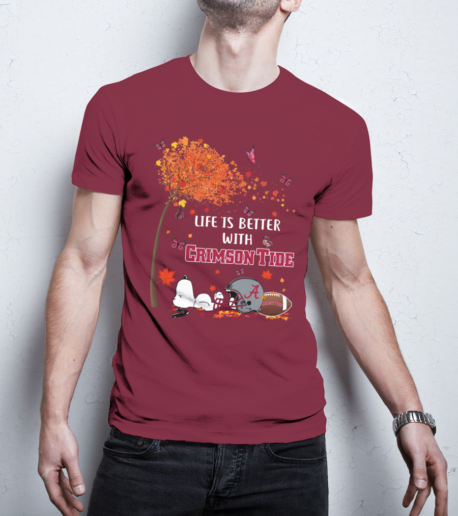 Life Is Better With Crimson Tide Alabama Football Autumn Leaves Butterflies Snoopy Woodstock T-Shirt
