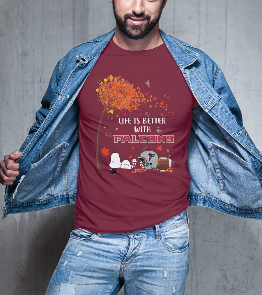 Life Is Better With Falcons Autumn Leaves Helmet Football Snoopy T-Shirt