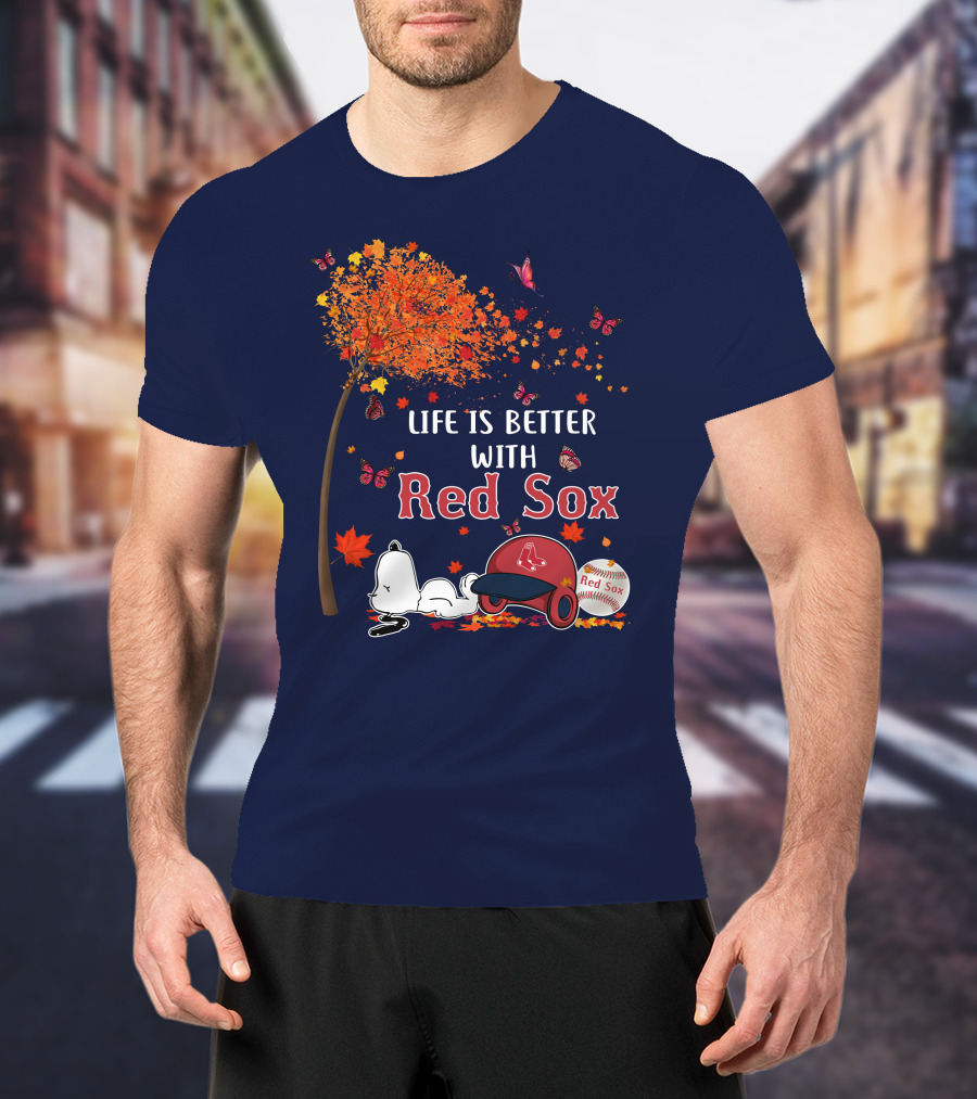 Life Is Better With Red Sox Tree Butterflies Baseball T-Shirt