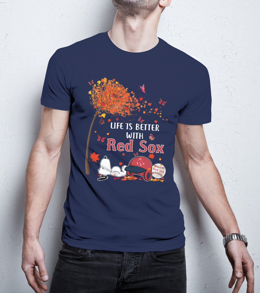 Life Is Better With Red Sox Tree Butterflies Baseball T-Shirt