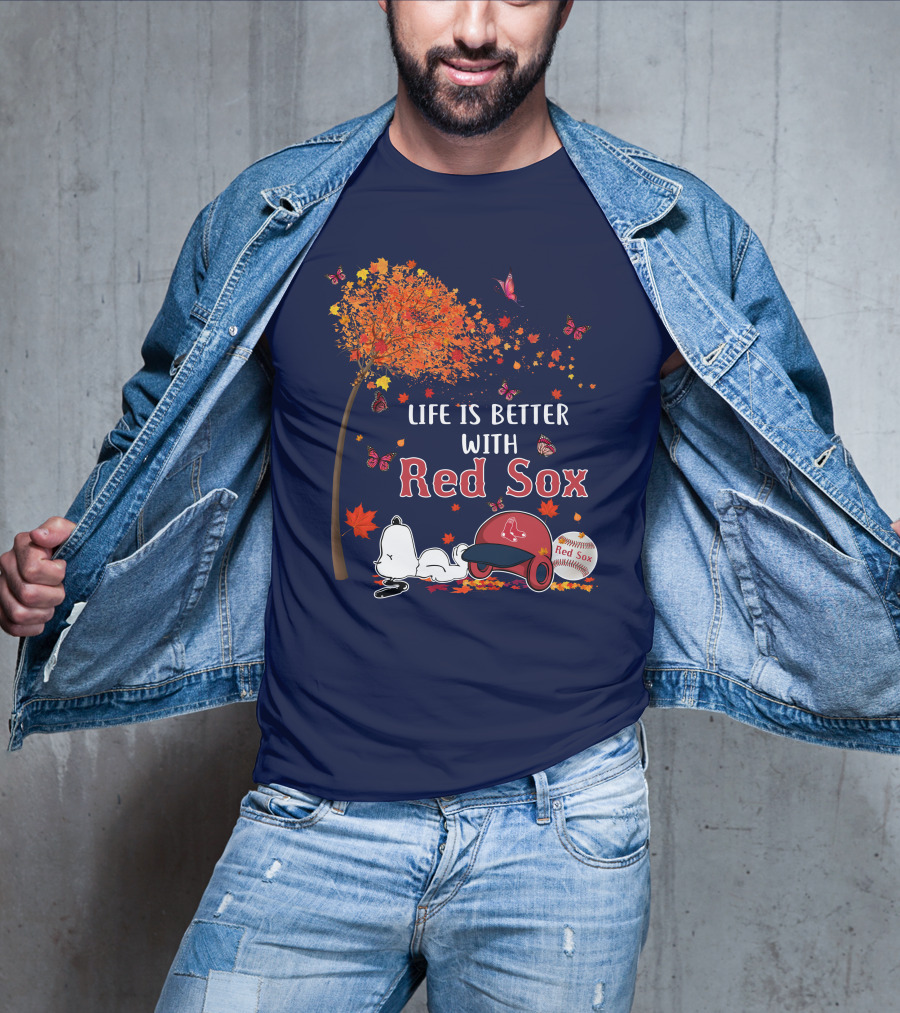 Life Is Better With Red Sox Tree Butterflies Baseball T-Shirt