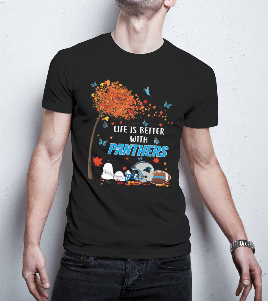 Life Is Better With Panthers Carolina Football Helmet And Autumn Leaves T-Shirt