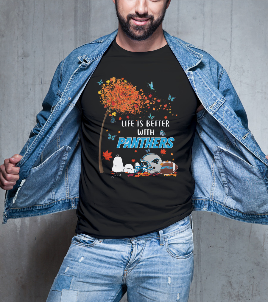 Life Is Better With Panthers Carolina Football Helmet And Autumn Leaves T-Shirt