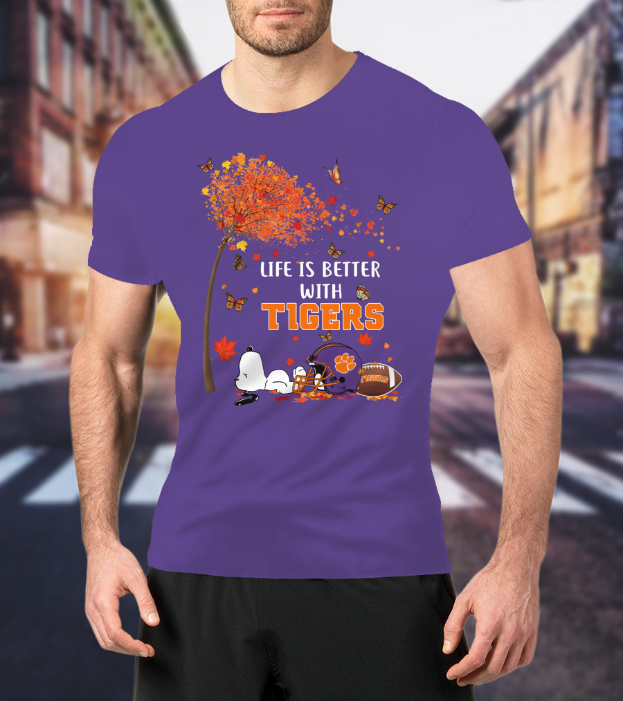 Life Is Better With Tigers Autumn Tree Snoopy Football Helmet Butterflies T-Shirt