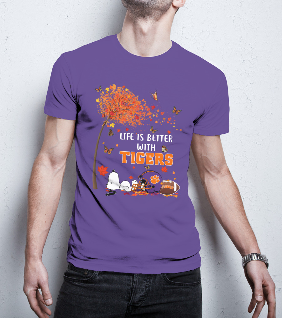 Life Is Better With Tigers Autumn Tree Snoopy Football Helmet Butterflies T-Shirt