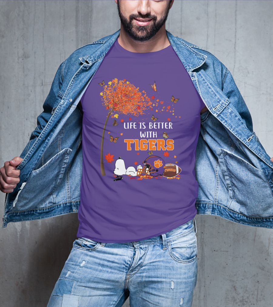 Life Is Better With Tigers Autumn Tree Snoopy Football Helmet Butterflies T-Shirt