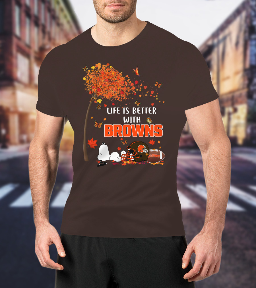 Life Is Better With My Cleveland Browns Football Autumn Scene And Peanuts Character T-Shirt