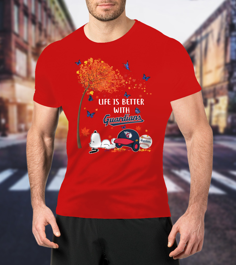 Life Is Better With Guardians Cleveland Guardians Baseball Autumn Tree Snoopy And Butterflies T-Shirt
