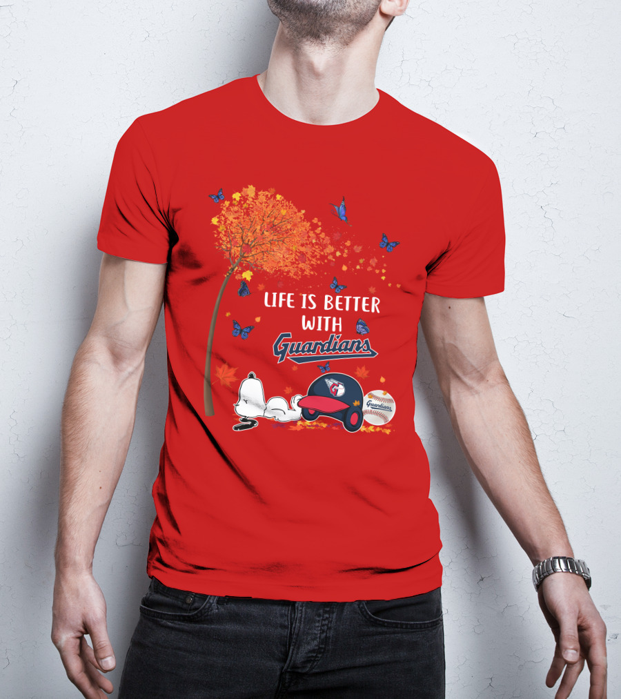 Life Is Better With Guardians Cleveland Guardians Baseball Autumn Tree Snoopy And Butterflies T-Shirt