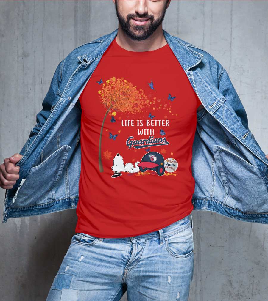 Life Is Better With Guardians Cleveland Guardians Baseball Autumn Tree Snoopy And Butterflies T-Shirt