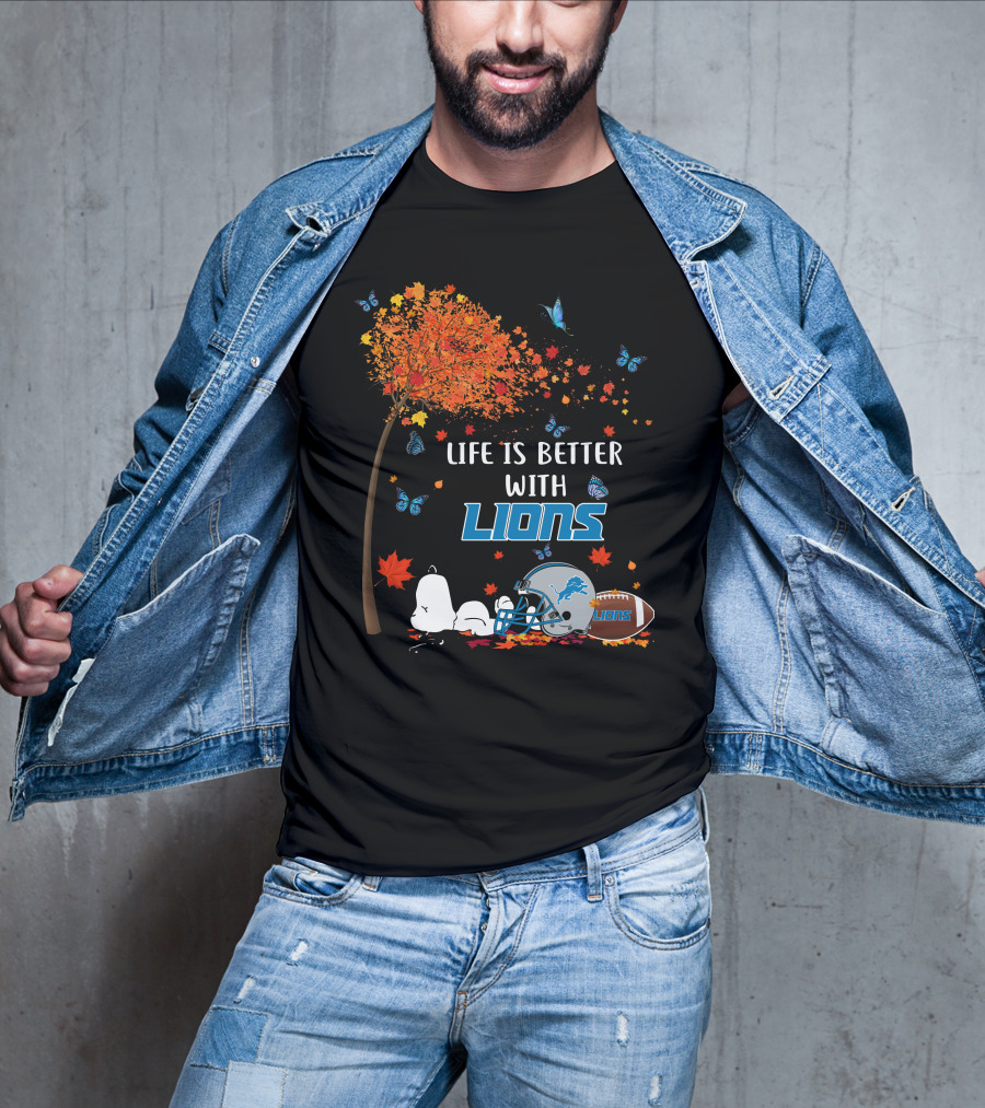 Life Is Better With Detroit Lions Autumn Leaves Football Helmet Snoopy Woodstock T-Shirt