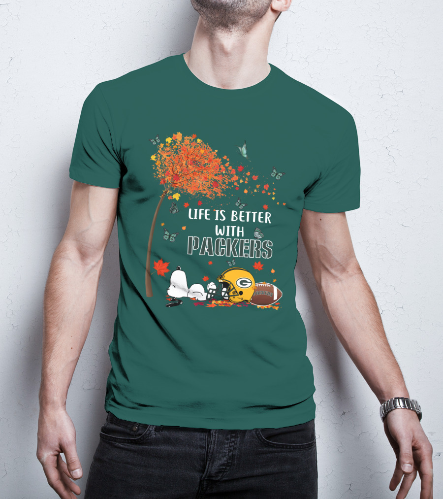 Life Is Better With Packers Green Bay Football Autumn Snoopy Leaves T-Shirt