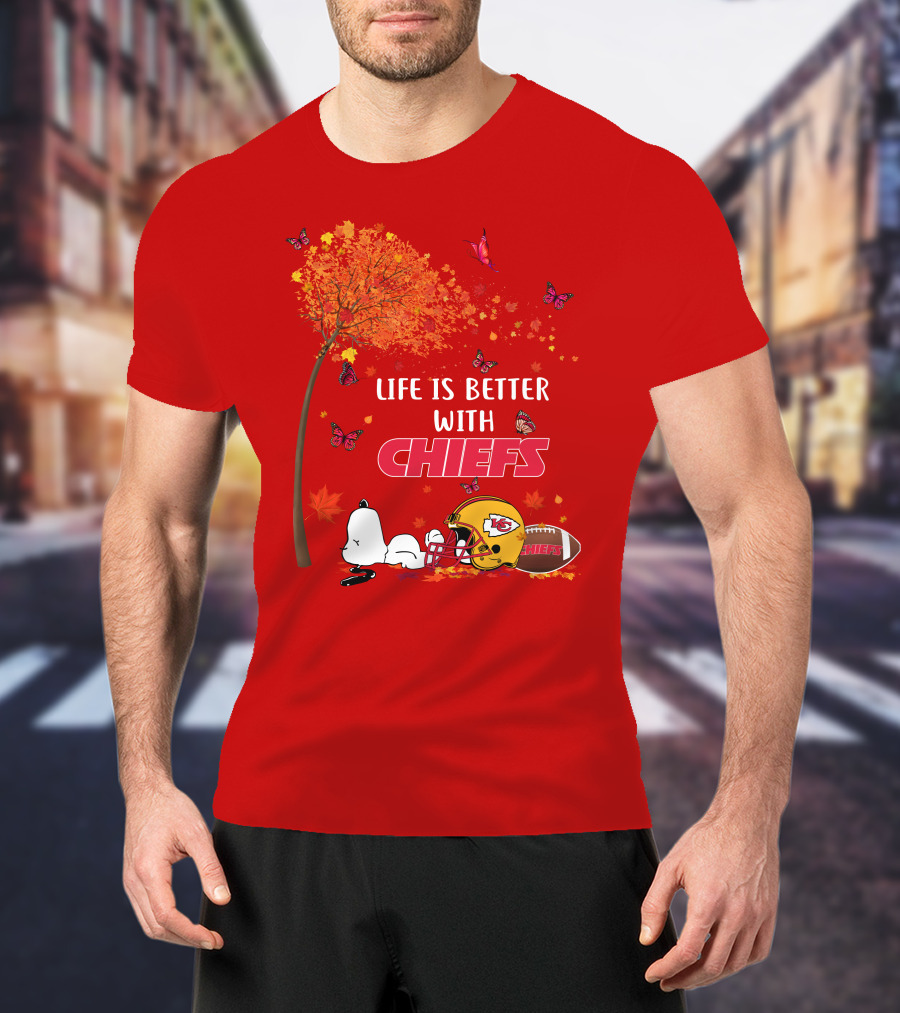 Life Is Better With Chiefs Fall Football Theme Snoopy And Butterflies T-Shirt