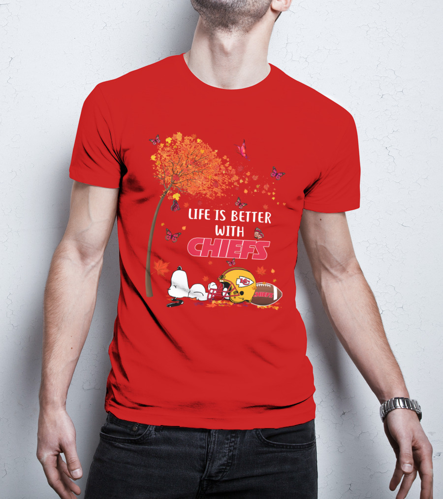 Life Is Better With Chiefs Fall Football Theme Snoopy And Butterflies T-Shirt