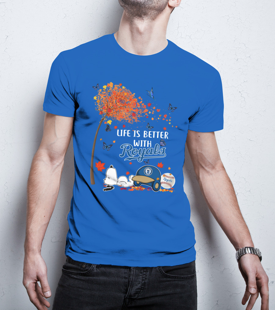 Life Is Better With Royals Baseball Helmet Autumn Leaves Snoopy And Butterfly T-Shirt