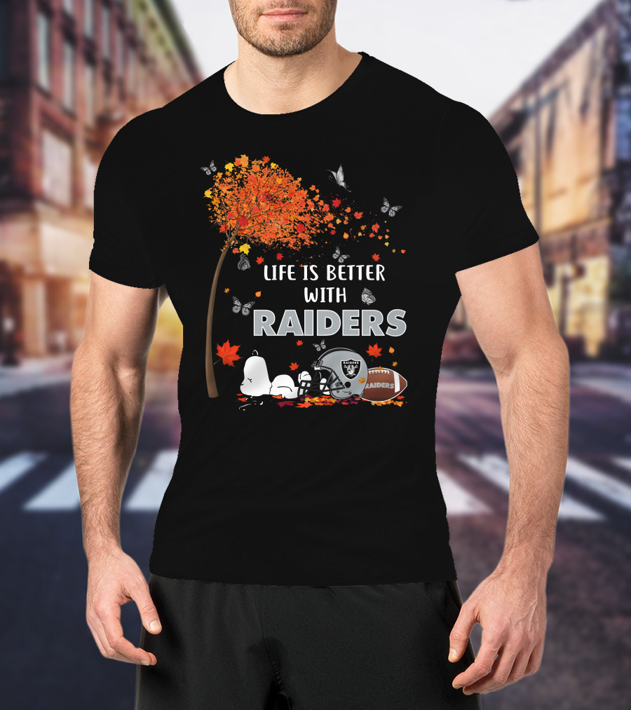 Life Is Better With Raiders Autumn Leaves And Snoopy Under Tree With Butterfly And Football Helmet T-Shirt