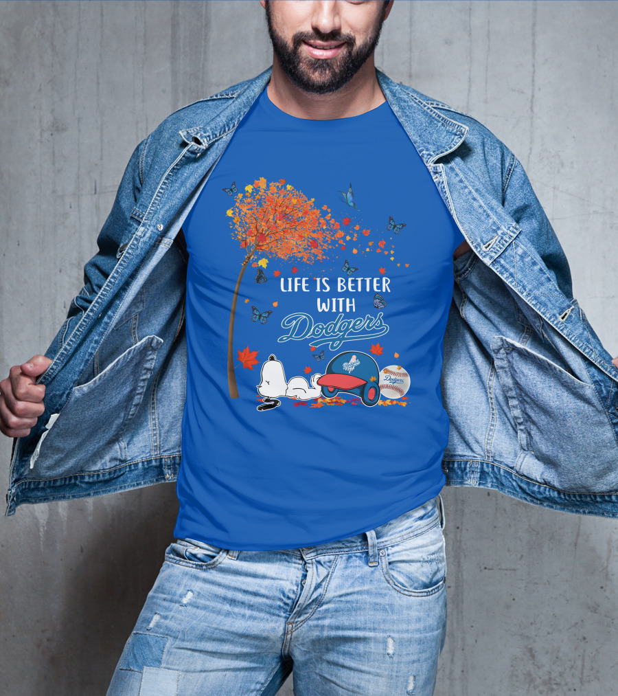 Life Is Better With Dodgers Autumn Leaves Snoopy Baseball Cap And Ball T-Shirt