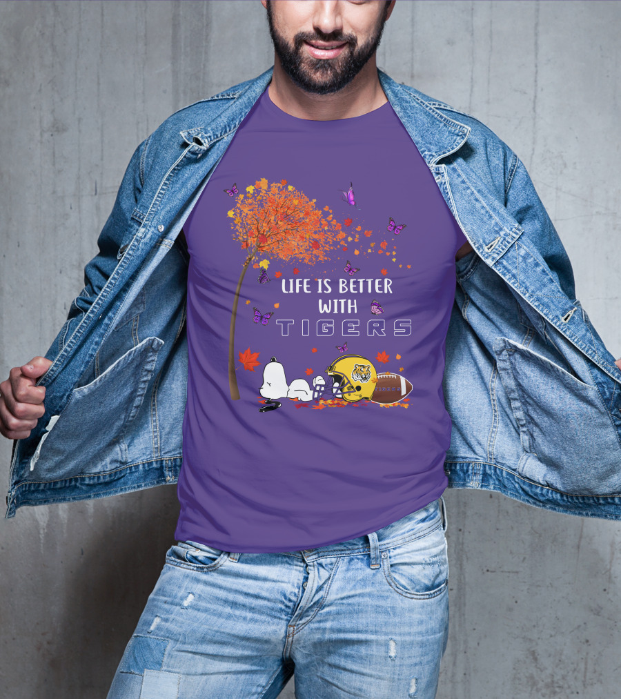 Life Is Better With Tigers Football Leaves Butterflies Helmet T-Shirt