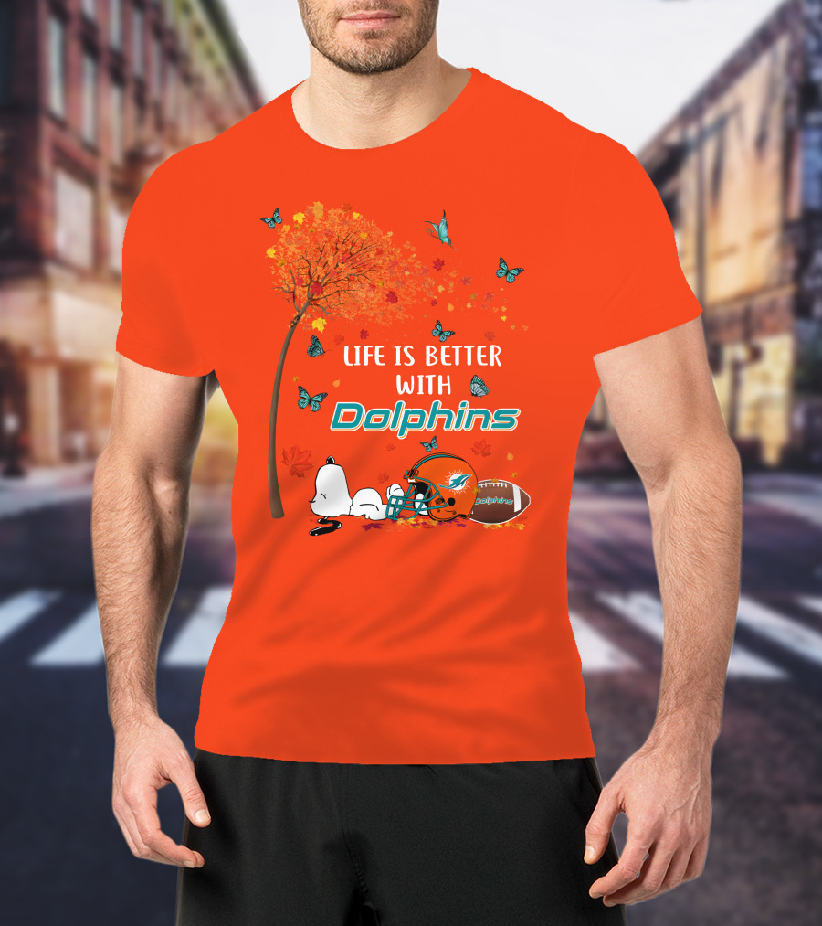 Life Is Better With Dolphins Miami Football Autumn Tree Snoopy Butterflies T-Shirt