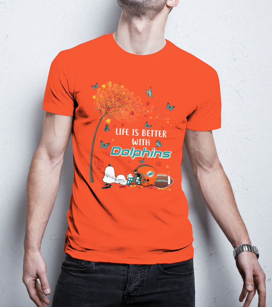 Life Is Better With Dolphins Miami Football Autumn Tree Snoopy Butterflies T-Shirt
