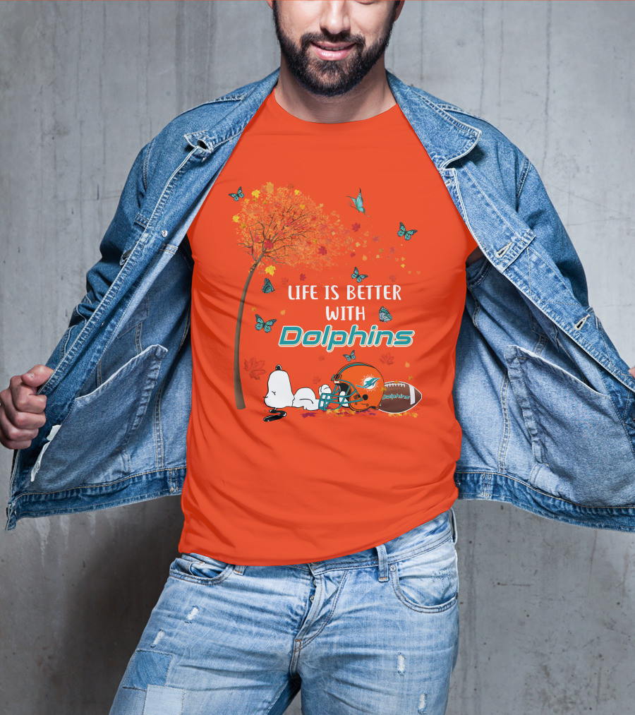 Life Is Better With Dolphins Miami Football Autumn Tree Snoopy Butterflies T-Shirt