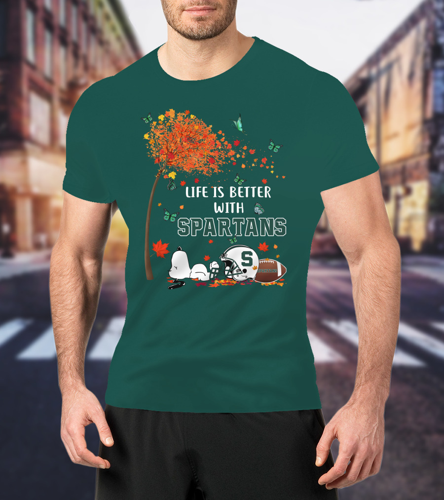 Life Is Better With Spartans Michigan State Football Autumn Leaves Butterflies T-Shirt