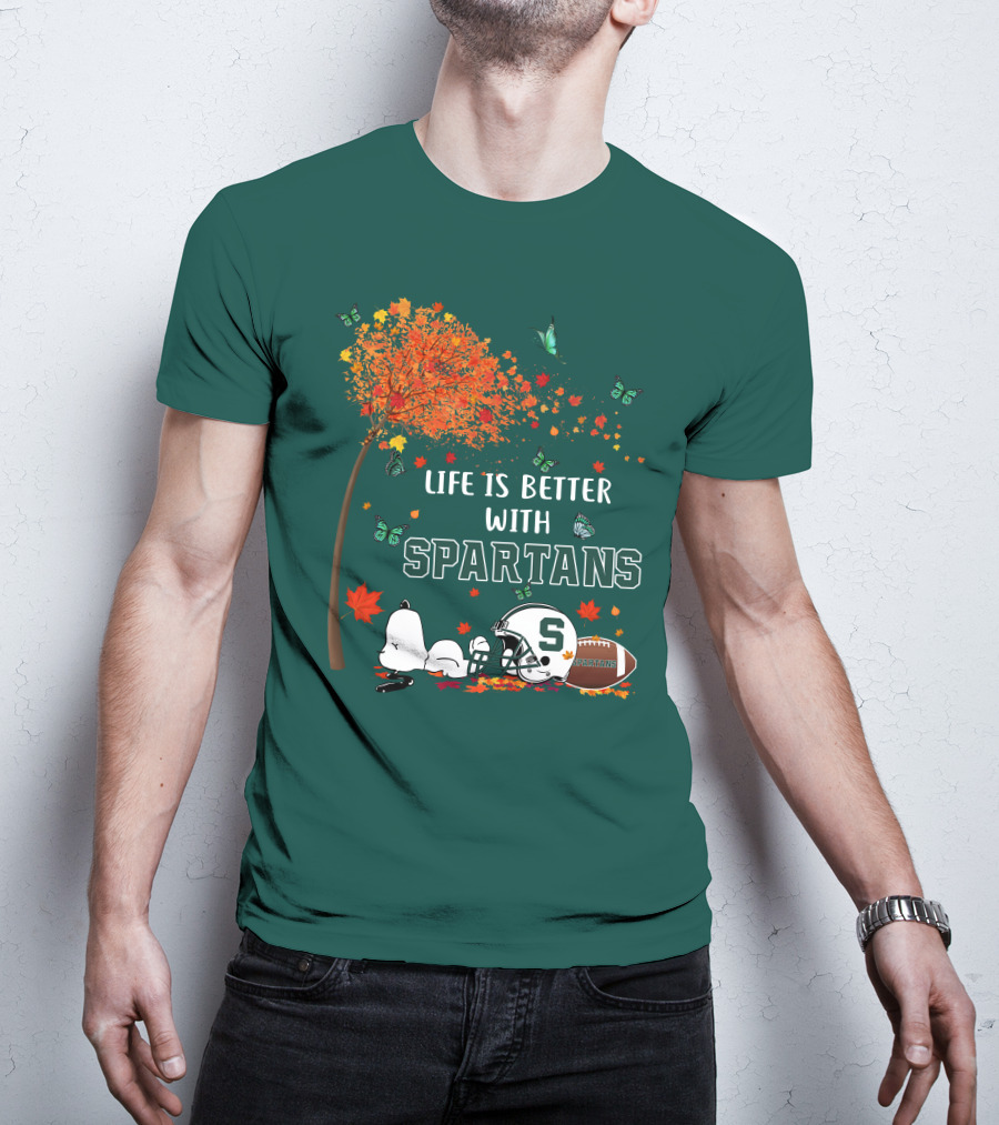 Life Is Better With Spartans Michigan State Football Autumn Leaves Butterflies T-Shirt