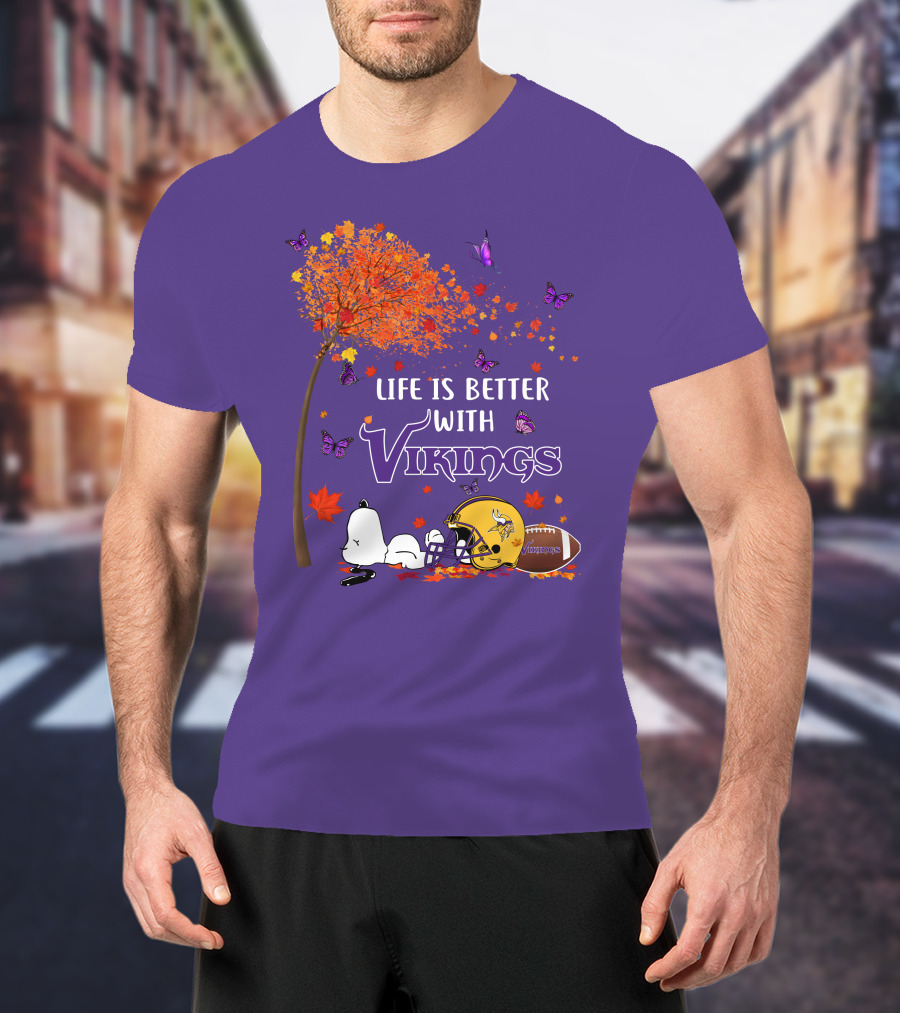 Life Is Better With Vikings Football And Autumn Leaves T-Shirt