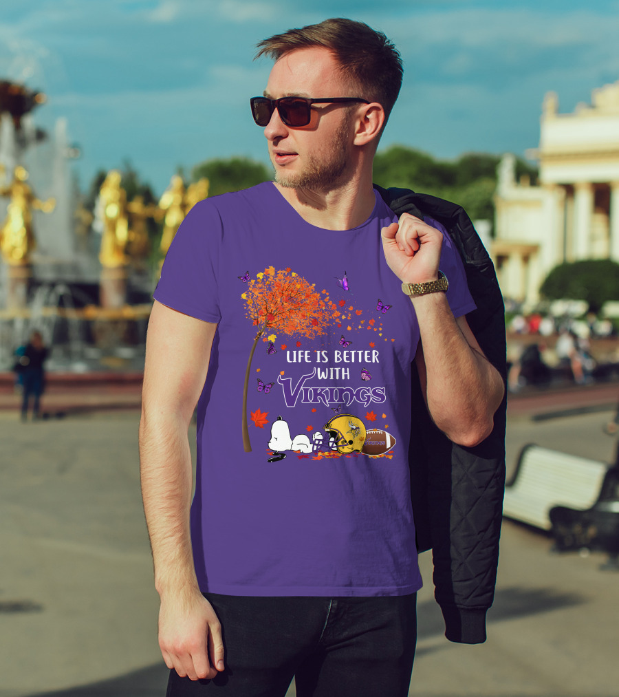 Life Is Better With Vikings Football And Autumn Leaves T-Shirt