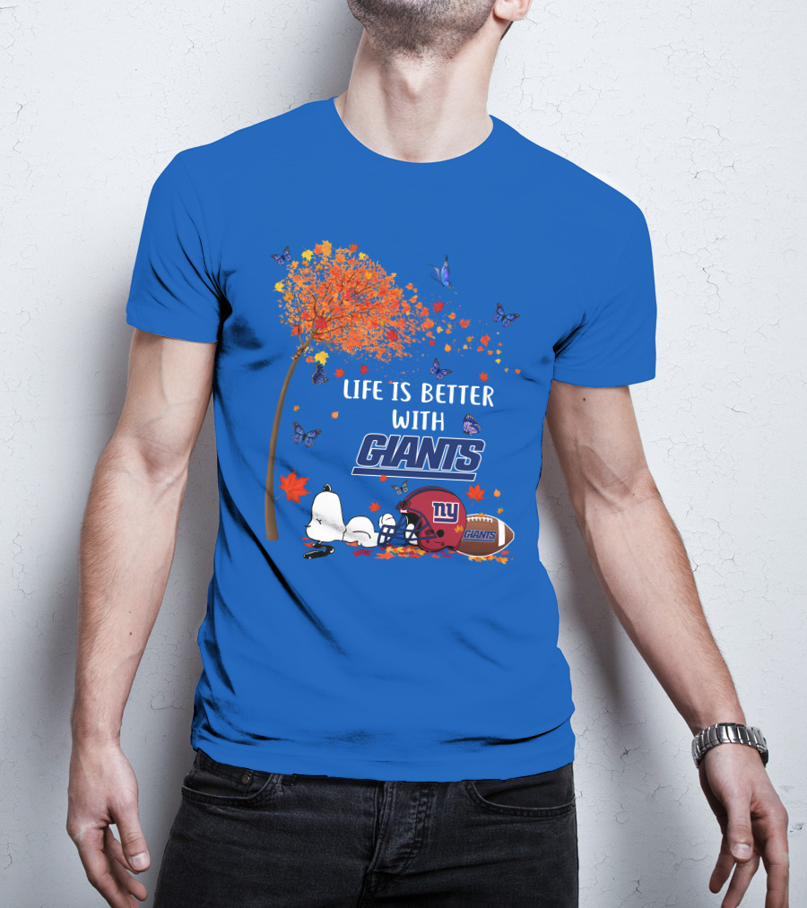 Life Is Better With Giants New York Giants Football Autumn Leaves Snoopy Butterflies T-Shirt