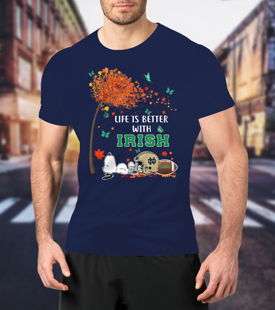 Life Is Better With Irish Autumn Leaves Football Helmet Snoopy Notre Dame T-Shirt